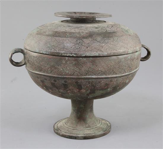 A Chinese archaic bronze ritual vessel and cover, Dou, Warring States period, 5th-4th century B.C., 20.5cm high, 24cm wide